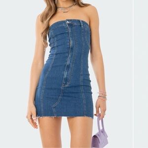 Edikted Strapless Denim Mini Dress in Indigo Blue